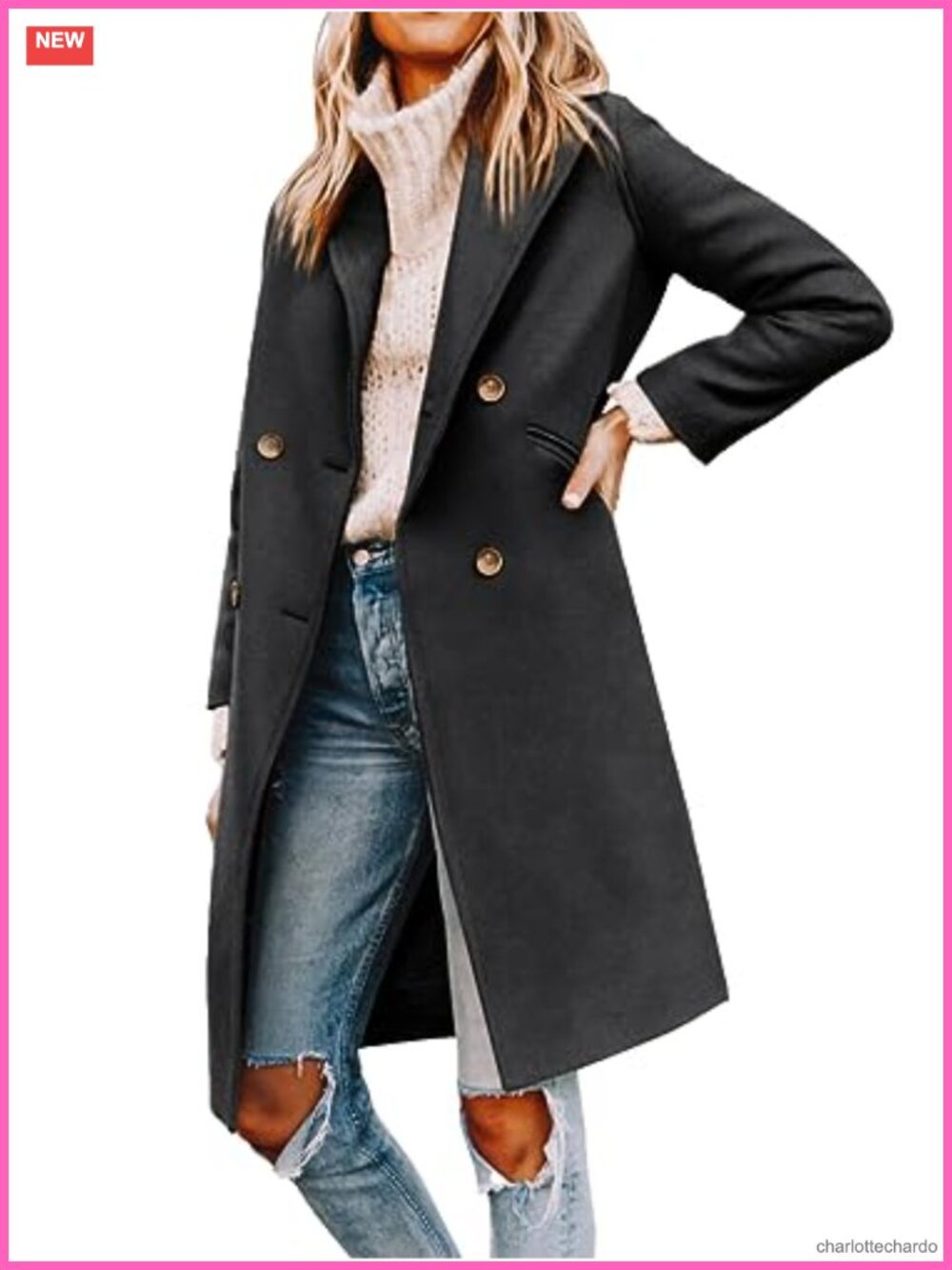 Notched Lapel Double Breasted Pea Coat Mid Long Wool Coat